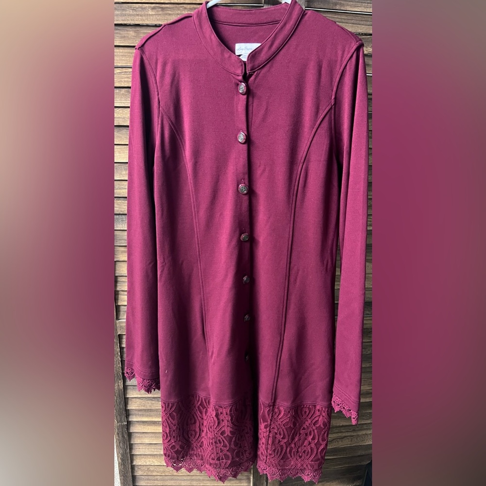 Long Elegant Legs Burgundy Lace-Hem Button Front Coat